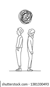 couple think complicated relationship problem doodle drawing vector illustration. man and girl stand back to back with tangled messy scribble line.