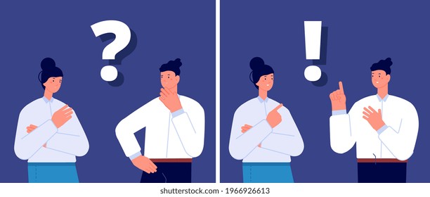 Couple think. Young family question, mother dad thinking. Smiling pensive businesswoman thought. Business idea find, two managers utter vector concept