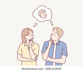 couple thinking about babies.Hand drawn style vector design illustrations.