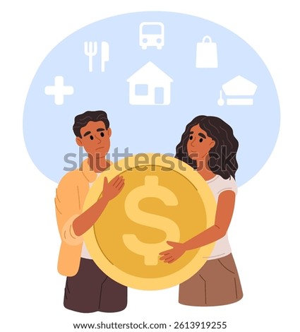 Couple thinking about how to allocate family budget. Money for home and school costs. Financial planning. Food and medicine payments. Travel value. Economic literacy