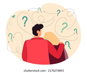 Couple thinking about important problem together. Back view of lost man and woman choosing decision flat vector illustration. Question, solution concept for banner, website design or landing web page