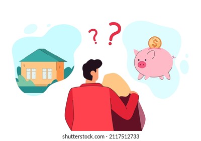 Couple thinking of buying home or saving money. Wife and husband planning budget, taking decision flat vector illustration. Family, finance concept for banner, website design or landing web page