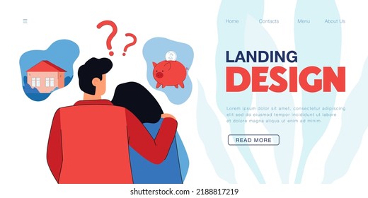 Couple thinking of buying home or saving money. Wife and husband planning budget, taking decision flat vector illustration. Family, finance concept for banner, website design or landing web page