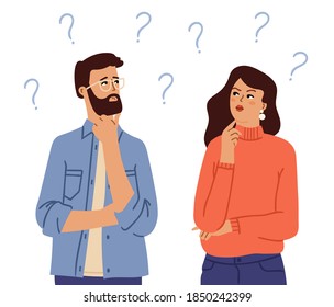 Couple thinking. Confused people, doubt girl man with question marks. Cartoon questionable person, thoughtful face swanky vector characters