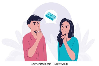 Couple Thinks About Money. Concept Of Young Couple Money Problems. Vector Illustration Cartoon Flat Design Modern Style 