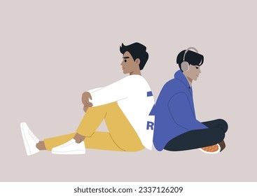 A couple of thoughtful characters sitting back to back leaning on each other, friends or partners hanging out