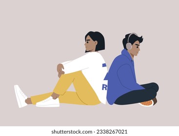 A couple of thoughtful characters sitting back to back leaning on each other, friends or partners hanging out