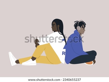 A couple of thoughtful characters sitting back to back leaning on each other, friends or partners hanging out
