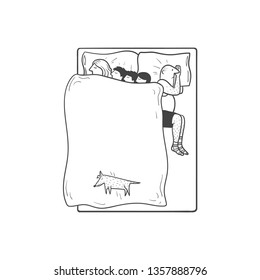 A couple with three children and one dog. All of them are trying to sleep in the one bed