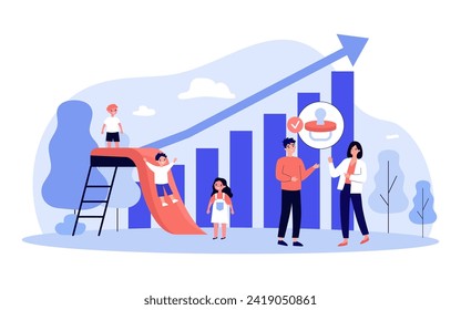 Couple with three children planning to have one more baby. Vector illustration. Growing diagram with arrow up.  Pacifier with check mark as symbol of growing birth rate. Call to have more children