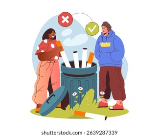Couple throw cigarettes at trash can. Vector stop smoking poster or quit smoke sign. Placard for nicotine addiction awareness and lung health. Respiratory safety and tobacco prevention or disposal.