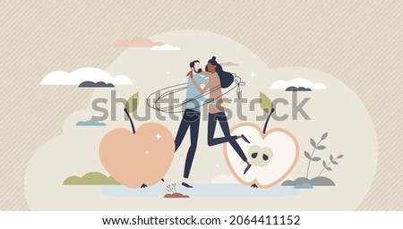 Couple tied and linked together as close relationship tiny person concept. Invisible strings as love and affection to partner vector illustration. Psychological addiction or codependency expression.