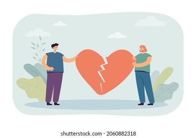 Couple of tiny people connecting pieces of broken heart. Happy man and woman repairing relationship flat vector illustration. Reunion, love concept for banner, website design or landing web page