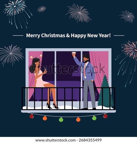 Couple toasting Christmas, winter night, fireworks, lights, elegant clothing, New Year celebration