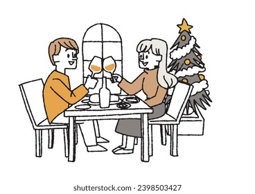 Couple toasting at the dinner table People enjoying Christmas home parties and family time