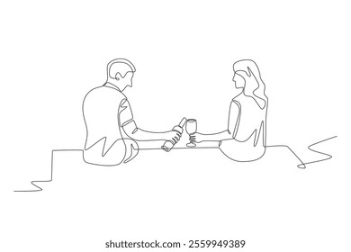 Couple toasting on vacation by the lake. Romantic trips concept one-line drawing