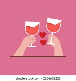 A couple toasting a red glasses. Romantic in February. Celebration fun flat vector illustration
