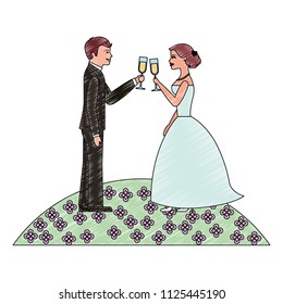 couple toasting wine glasses wedding day in the field flowers
