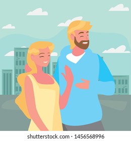 couple together characters outdoors background