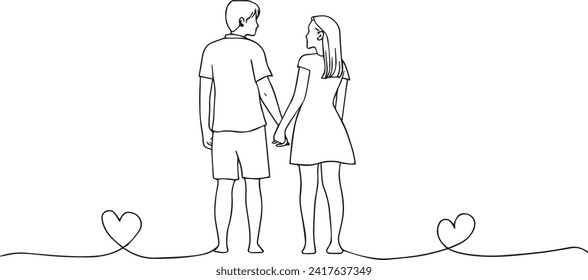 Couple together in a cute moment, black lines on a white background, clearly separated design for a card or web page, conveying love, heart, happiness, anniversary on valentine's day.