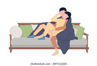 Verpaaren Sie sich auf dem Sofa semiflache Vektorgrafiken. Wechselnde Zahlen. Vollkörperleute auf Weiß. Entspannen Sie sich und entspannen Sie sich in einer isolierten, modernen Cartoon-Illustration für Grafikdesign und Animation