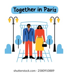Couple with together in paris text, flat sticker 

