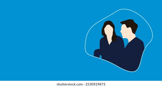 couple together spending time closely illustration theme on blue background, boy and girl closely hanging out special moment's illustration theme    