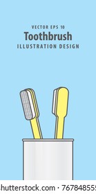 Couple toothbrush in the cup illustration vector on blue background. Dental concept.