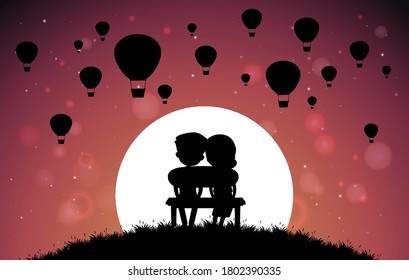 Couple at the top of the mountain shadow illustration