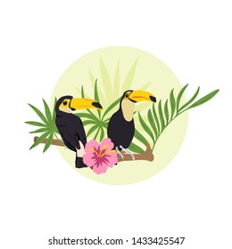 Couple of toucans sitting on the branch in the jungle. Vector illustration