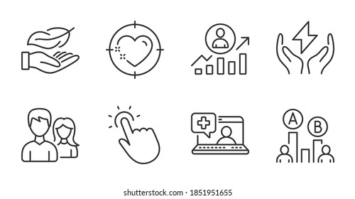 Couple, Touchpoint and Heart target line icons set. Career ladder, Medical help and Safe energy signs. Ab testing, Lightweight symbols. Male and female, Touch technology, Love aim. Vector