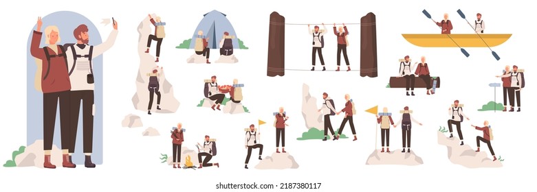 Couple of tourist characters showing different poses and gestures set vector illustration. Cartoon bearded man and woman campers hiking, climbing with flag, camp adventure of people isolated on white