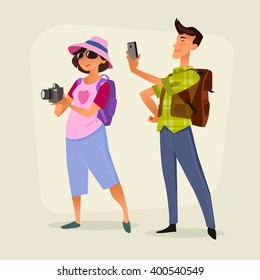 Couple of tourist with gadget for travel. Vector illustration.