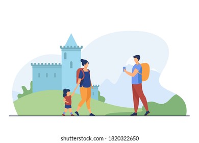 Couple of tourist with kid at landmark. People with backpacks taking pictures at castle flat vector illustration. Vacation, family travel concept for banner, website design or landing web page