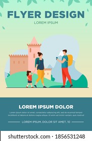 Couple of tourist with kid at landmark. People with backpacks taking pictures at castle flat vector illustration. Vacation, family travel concept for banner, website design or landing web page