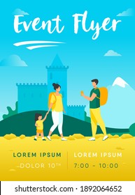 Couple of tourist with kid at landmark. People with backpacks taking pictures at castle flat vector illustration. Vacation, family travel concept for banner, website design or landing web page