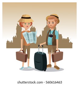 couple tourist map luggage traveler urban background