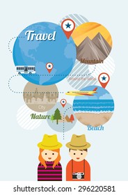 Couple Tourist with Traveling Icons Worldwide, Adventure exploration Concept