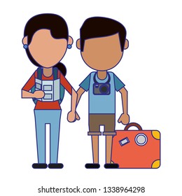 Couple of tourists avatar cartoon blue lines