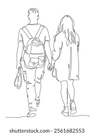 Couple tourists with backpack walking away. Man holding woman purse. Back view. Continuous line drawing. Black vector in line art style.