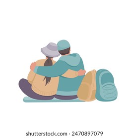 A couple of tourists with backpacks are sitting hugging each other. Back view. Vector isolated color illustration in flat style.