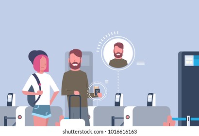 Couple Of Tourists With Baggage Coming Through Scanners For Checking In At Airport Waiting For Registration Flat Vector Illustration