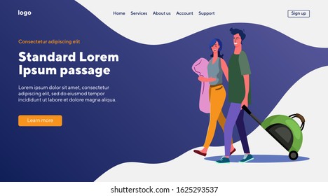 Couple of tourists with baggage. Happy young man and woman wheeling bag flat vector illustration. Passengers, trip, vacation, trip concept for banner, website design or landing web page
