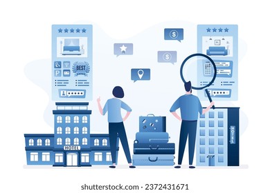 Couple of tourists with baggage, people search and compare hotels. Select and reservation of apartments. Online booking concept. Modern hotel buildings and page of mobile app. Vector illustration