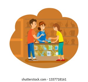 Couple of tourists buying souvenirs at shop vector. People standing inside store with cups and clocks, statue and handmade items. Flat style drawing