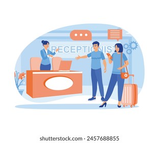 A couple of tourists check in at the hotel. The receptionist is standing at the work desk. Hotel Receptionist concept. Flat vector illustration.