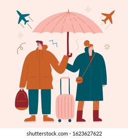 Couple of tourists choosing travel direction in airport. Illustration of family on vacation in vector.