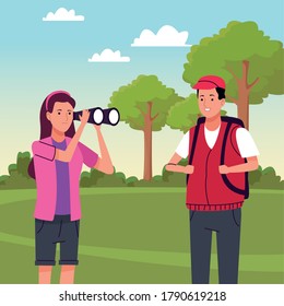 un par de turistas haciendo actividades en el campo de diseño de ilustraciones vectoriales