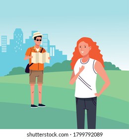 couple of tourists doing activities in the camp landscape vector illustration design