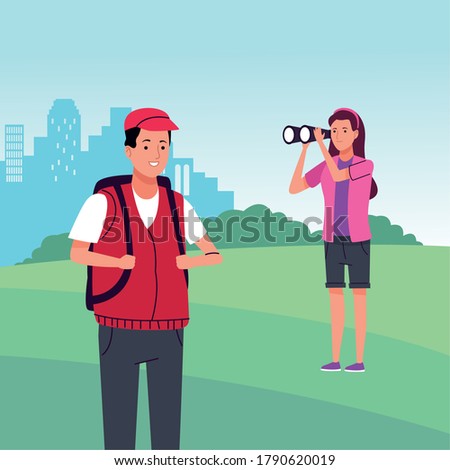 couple of tourists doing activities in the camp landscape vector illustration design